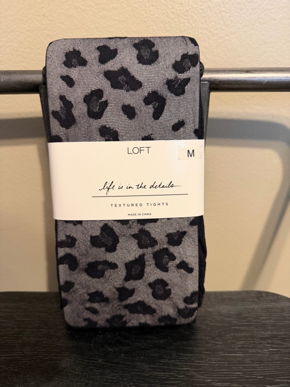 LOFT Leopard Print Textured Tights Size M Black Gray NWT Sheer Patterned